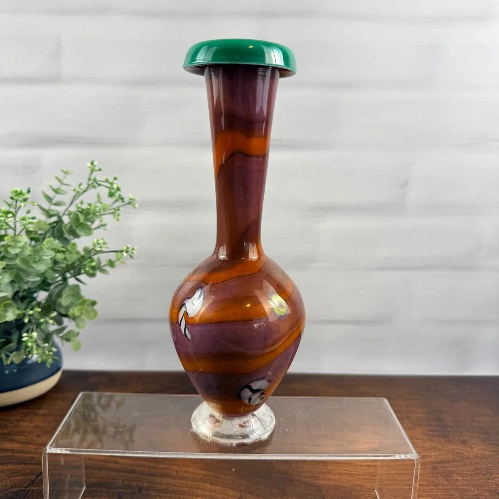 Antonio Garcia Signed Studio Art Glass Vase Amber Purple Swirl Green Rim 2000